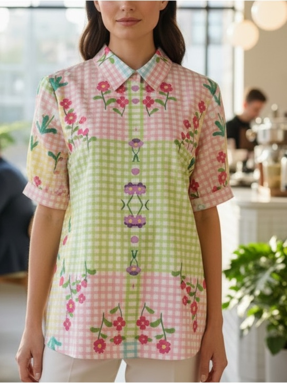 Floral Gingham Blouse Women’s XL | Colorblock Short Sleeve Tunic Top NWOT